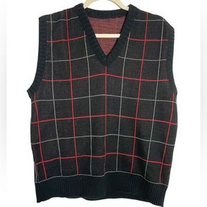 Black Sweater Vest Red Gray Plaid Large Unisex Goth V Neck Sweatervest knit punk